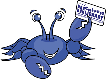 Purple crab holding Calvert Library Card