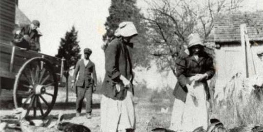 Feeding the Turkeys. (left to right: John W. Williams, Dan Dockett Williams, two women, names unknown.)