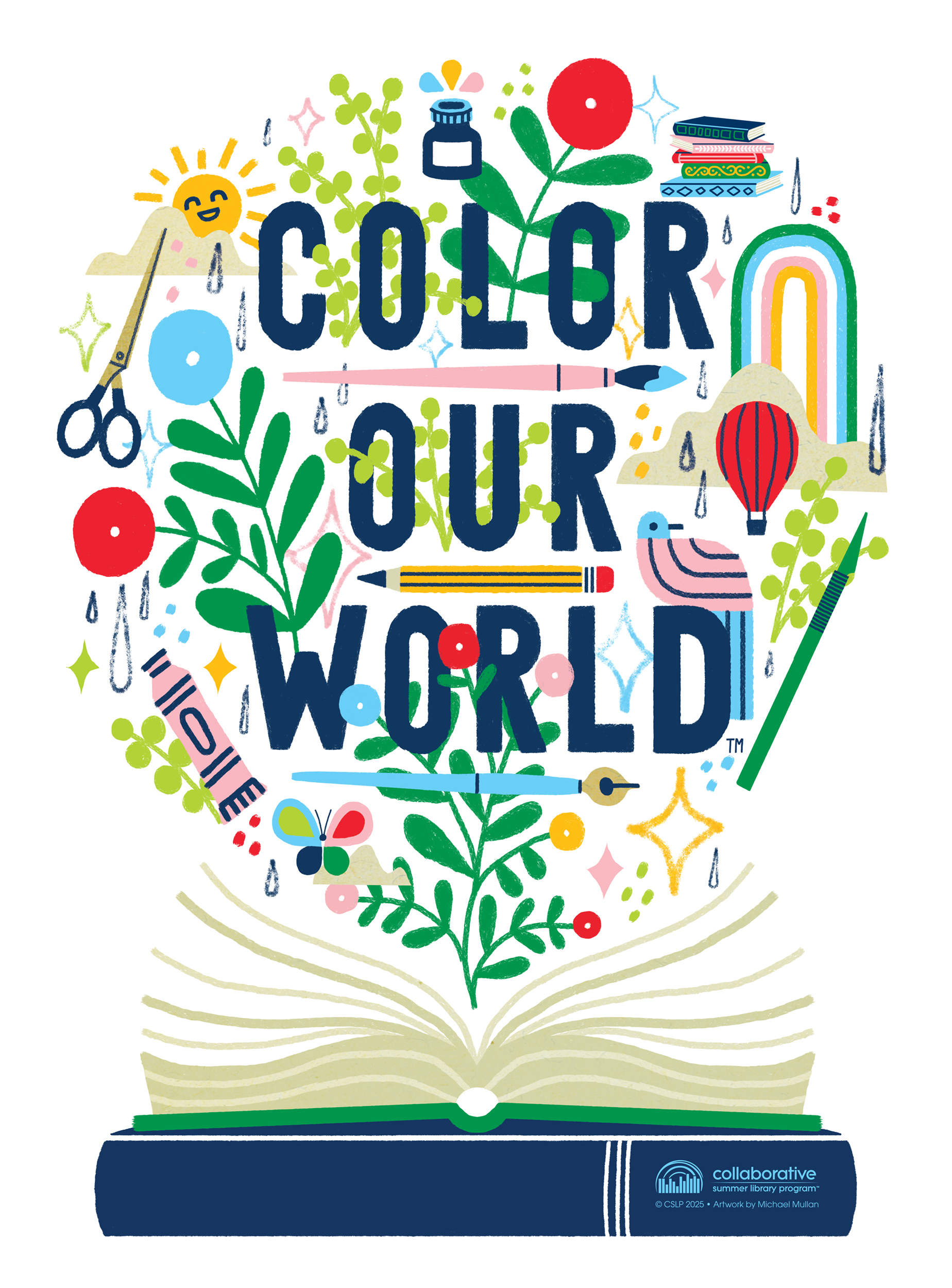 logo of Color Our World coming out of a book