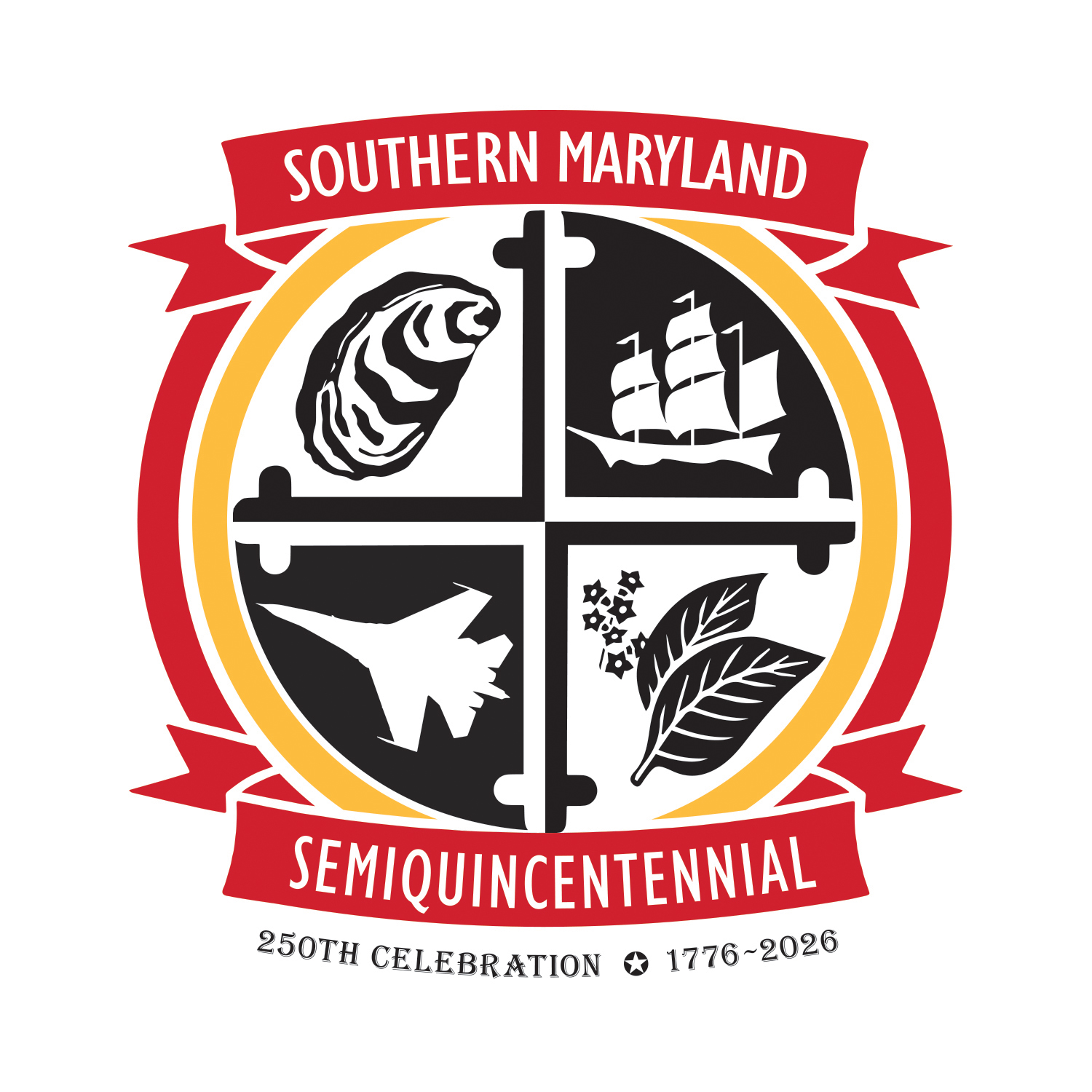 Southern Maryland Semiquincentenial logo. Oyster shell, ship, plne, tobacco leaf in black and white, read banner and text around images