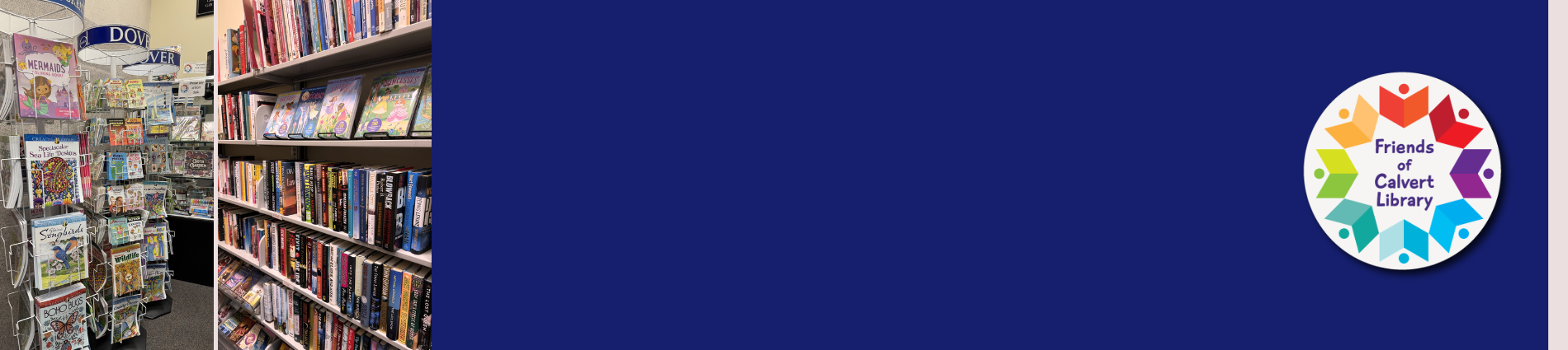 Images of books and gifts for sale with Friends of Calvert Library logo