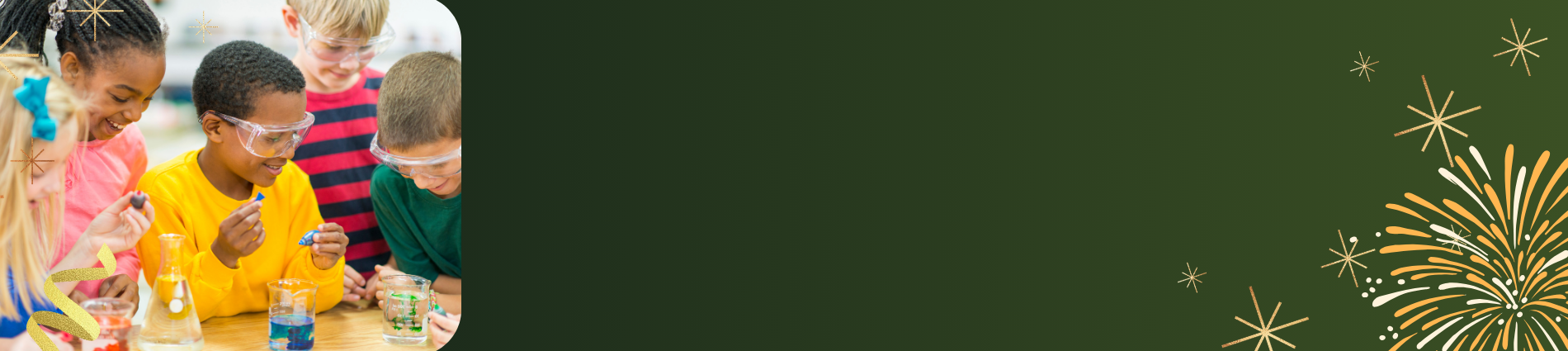 image of children doing science experiment on left side of background image