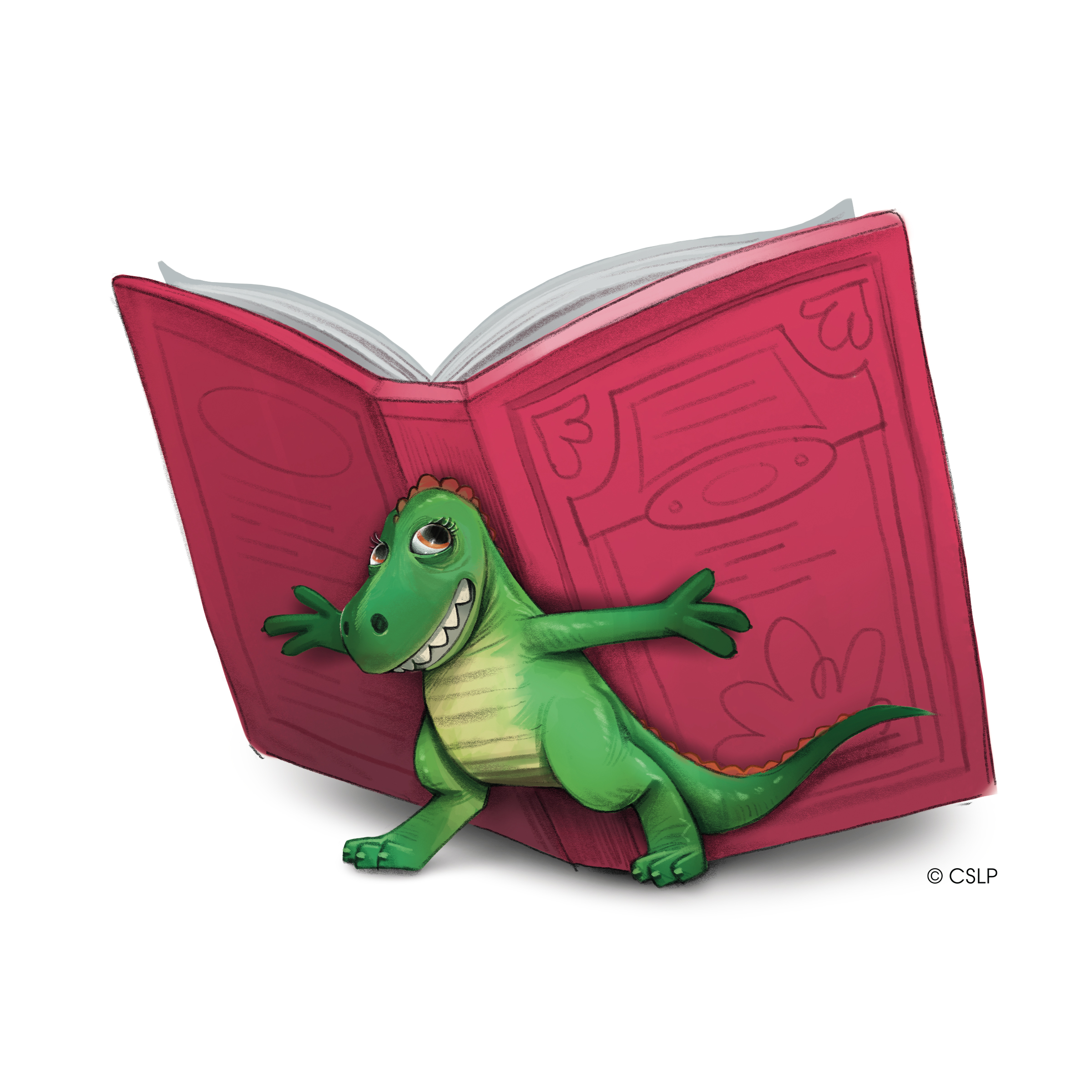 CSLP_2026_Little_Dino_Open_Book Little smiling dino holding up a book