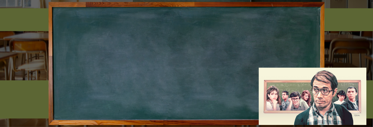 classroom blackboard and images of cast